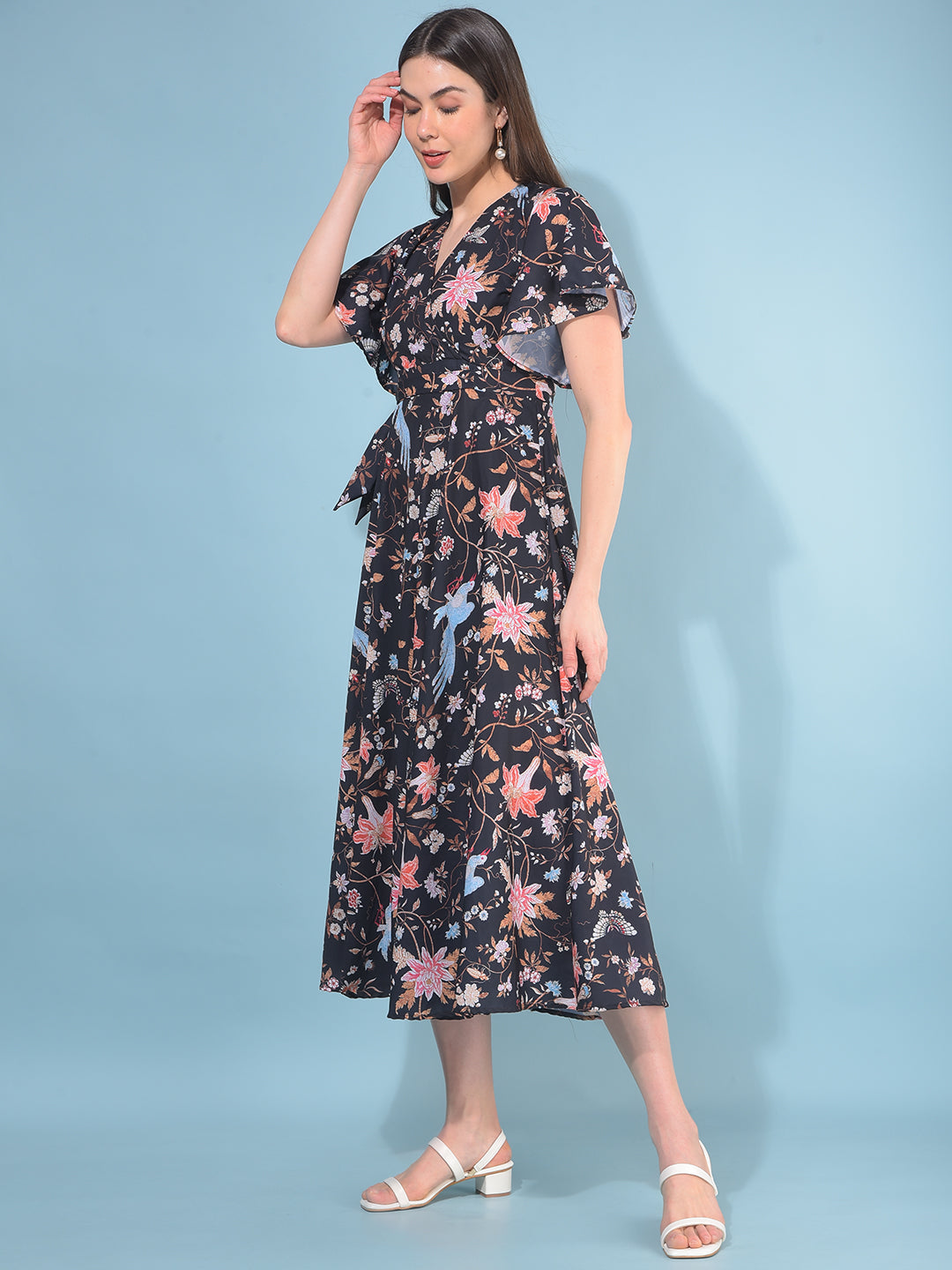 Black Floral Print A-Line Dress-Women Dresses-Crimsoune Club