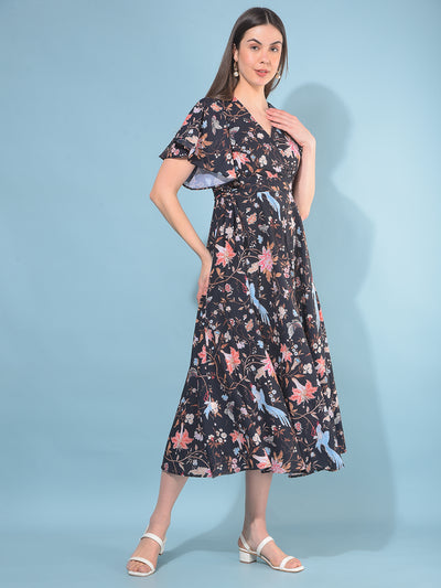 Black Floral Print A-Line Dress-Women Dresses-Crimsoune Club