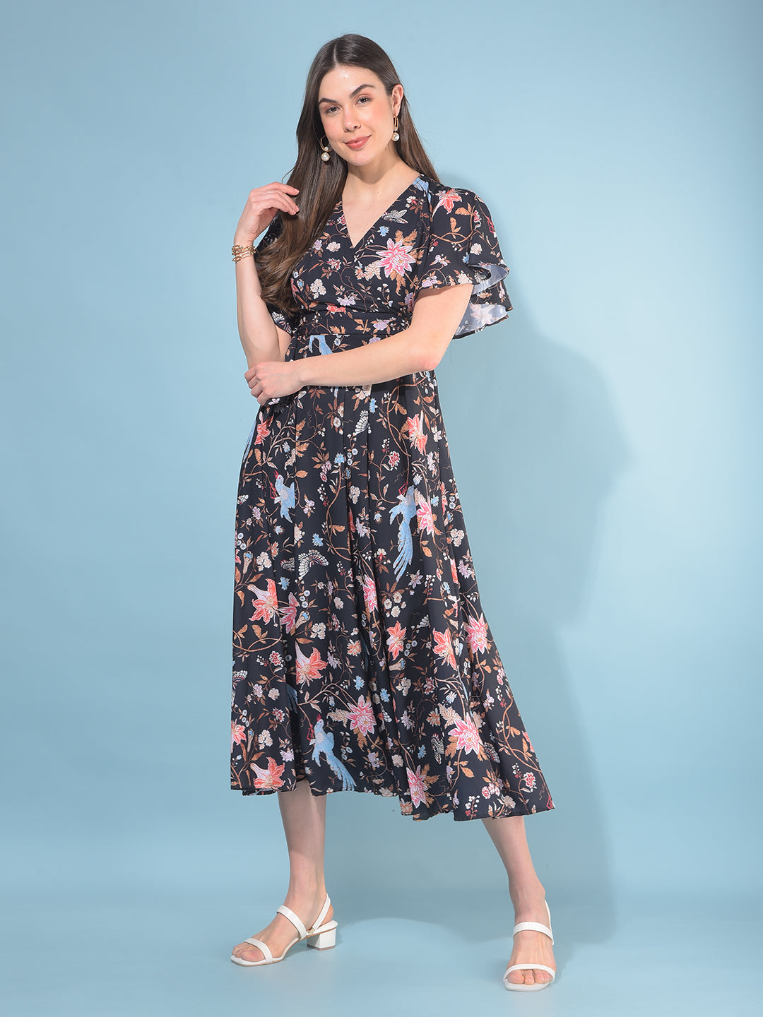 Black Floral Print A-Line Dress-Women Dresses-Crimsoune Club