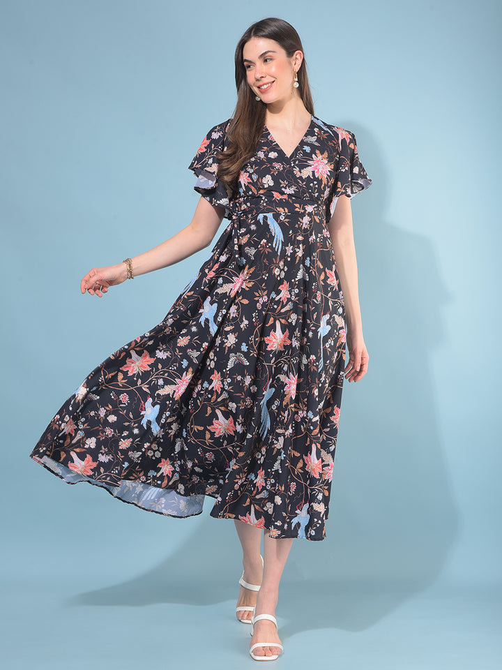 Black Floral Print A-Line Dress-Women Dresses-Crimsoune Club