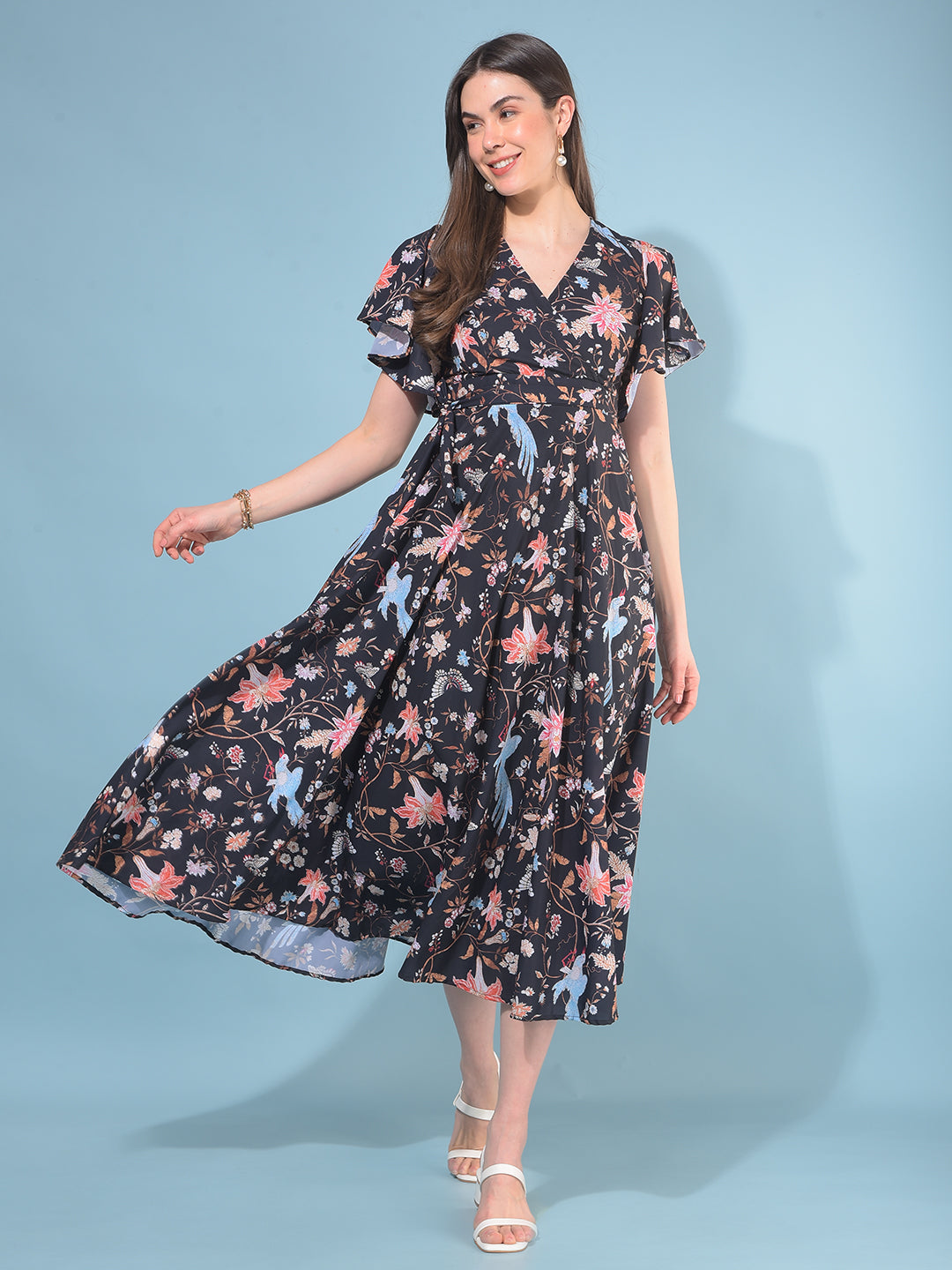 Black Floral Print A-Line Dress-Women Dresses-Crimsoune Club