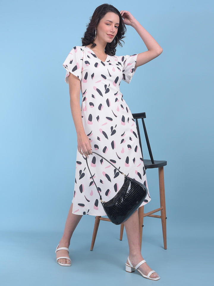 White Floral Print A-Line Dress-Women Dresses-Crimsoune Club