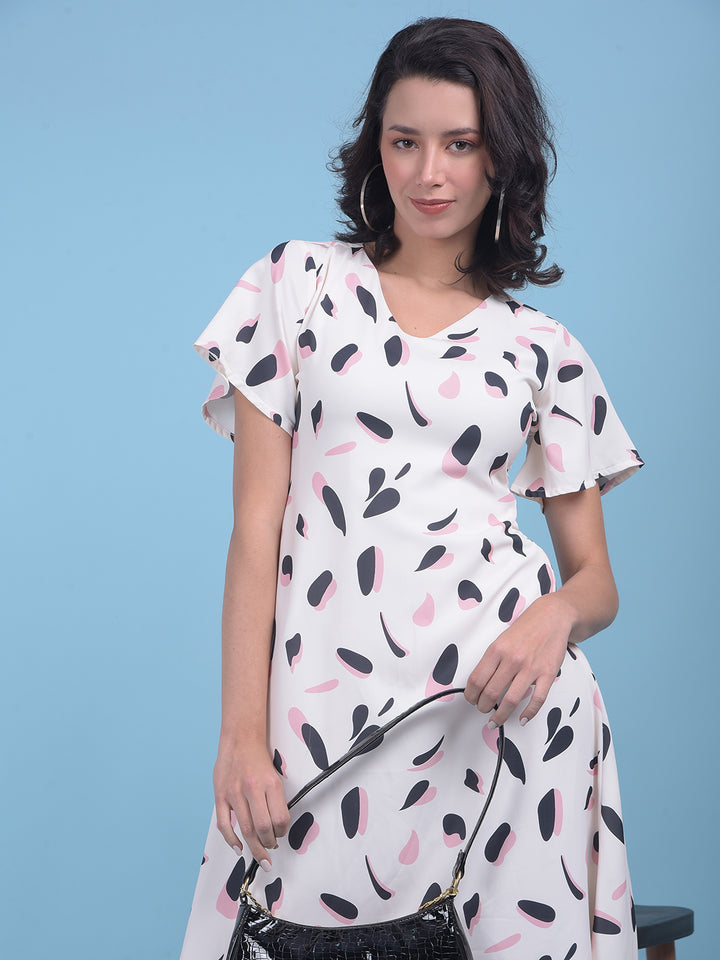 White Floral Print A-Line Dress-Women Dresses-Crimsoune Club