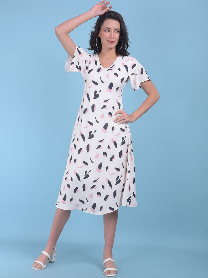 White Floral Print A-Line Dress-Women Dresses-Crimsoune Club