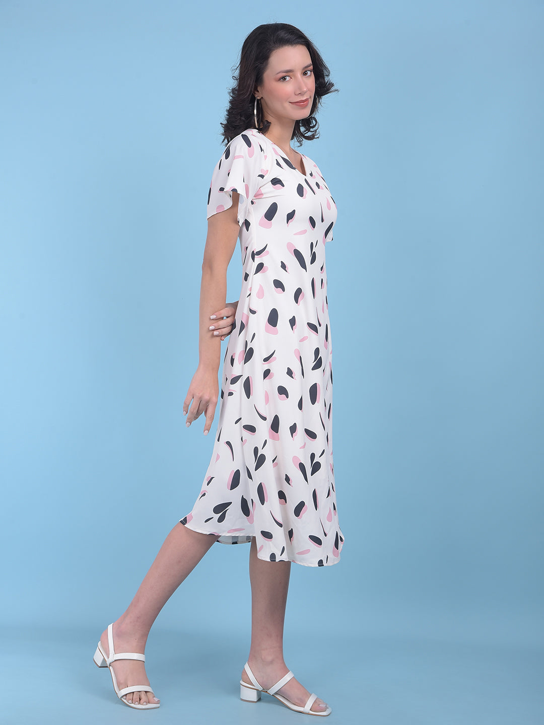 White Floral Print A-Line Dress-Women Dresses-Crimsoune Club