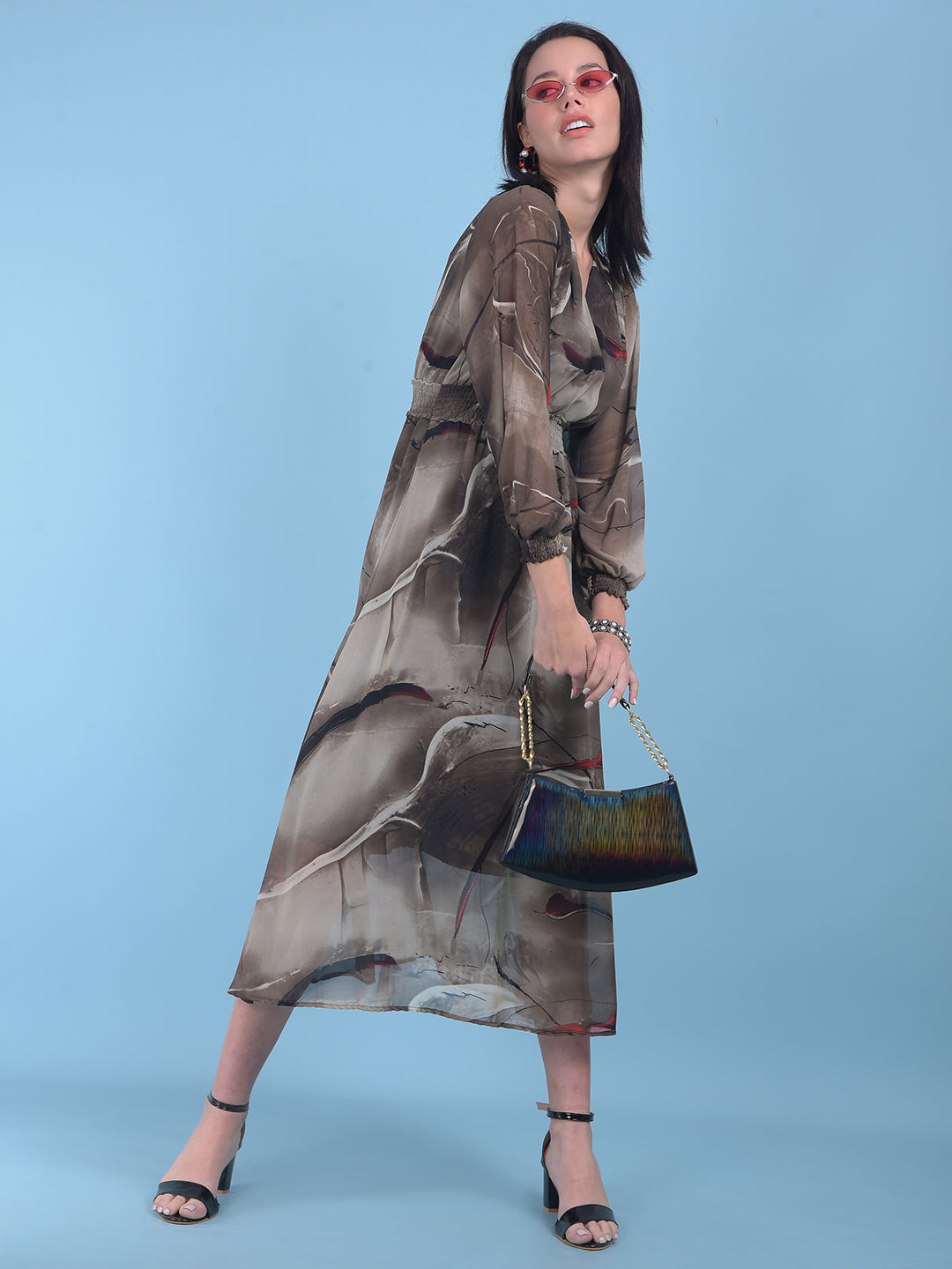 Brown Floral Print A-Line Dress-Women Dresses-Crimsoune Club