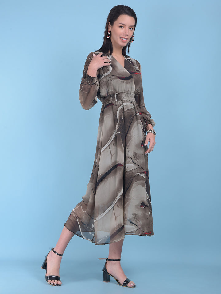 Brown Floral Print A-Line Dress-Women Dresses-Crimsoune Club