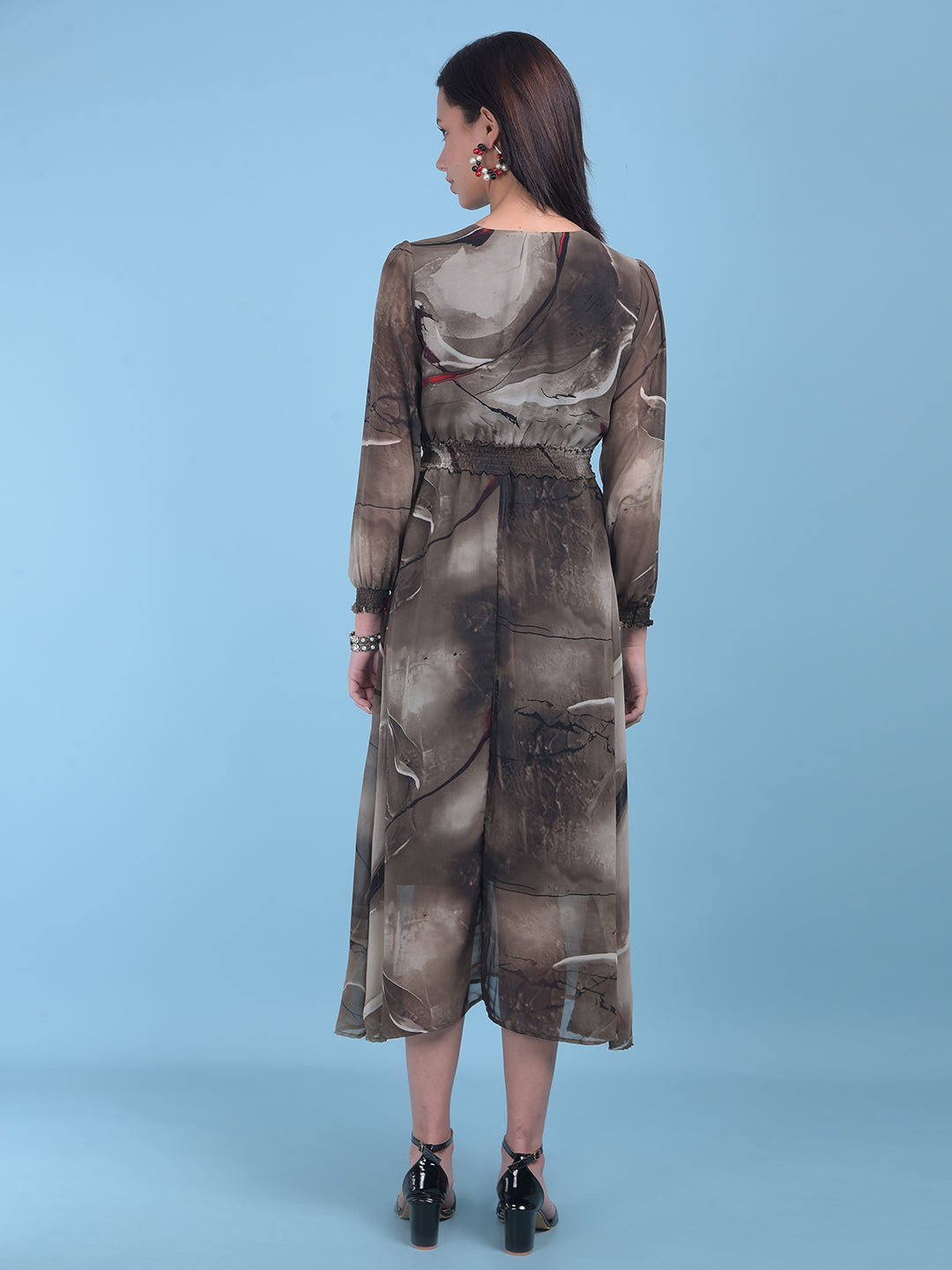 Brown Floral Print A-Line Dress-Women Dresses-Crimsoune Club
