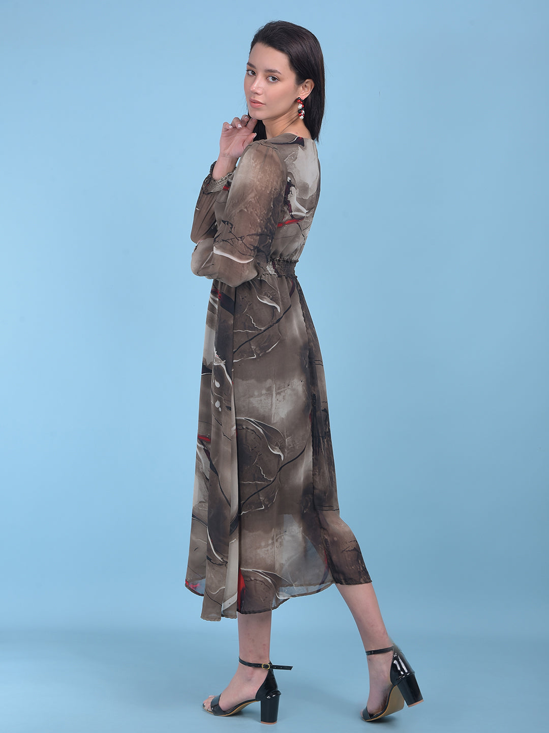 Brown Floral Print A-Line Dress-Women Dresses-Crimsoune Club