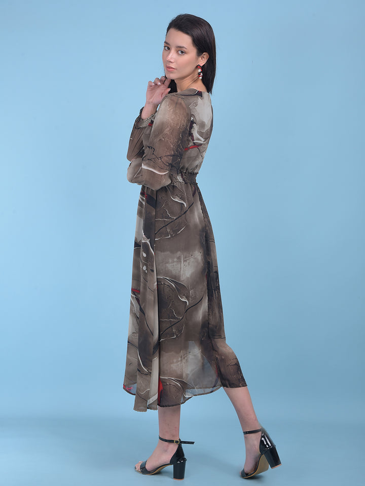 Brown Floral Print A-Line Dress-Women Dresses-Crimsoune Club