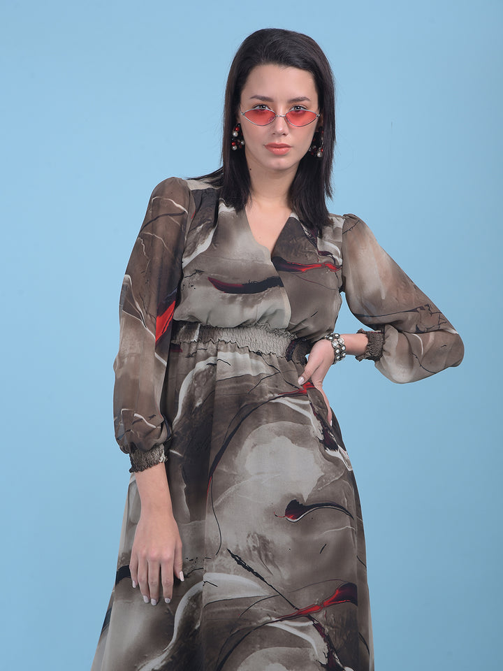 Brown Floral Print A-Line Dress-Women Dresses-Crimsoune Club