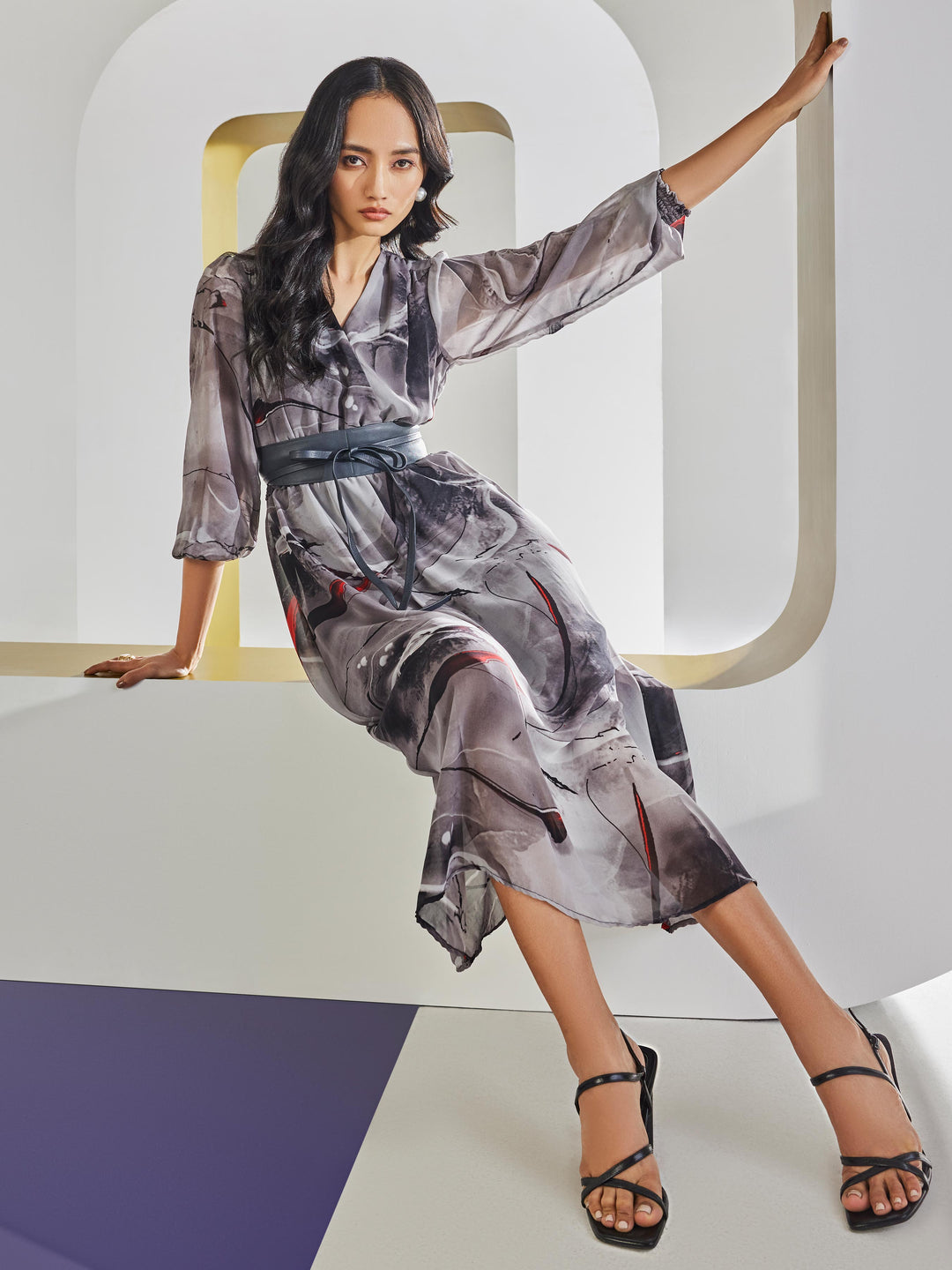 Brown Floral Print A-Line Dress-Women Dresses-Crimsoune Club