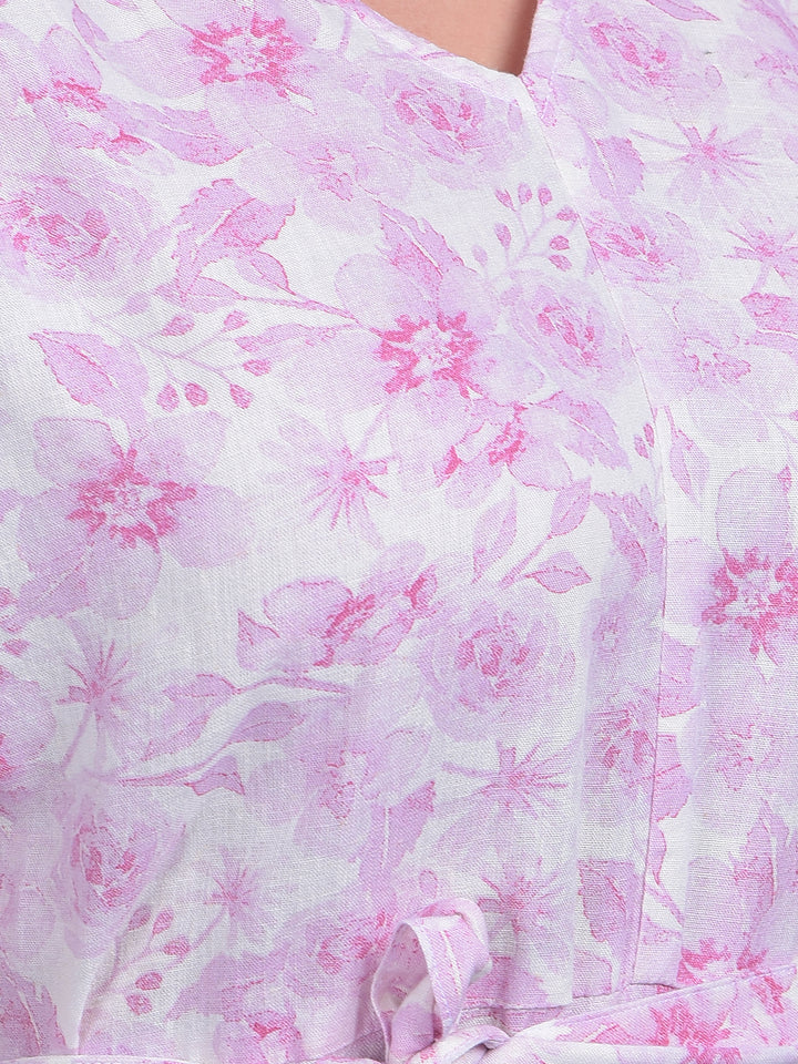 Pink Floral Print A-Line Dress-Women Dresses-Crimsoune Club