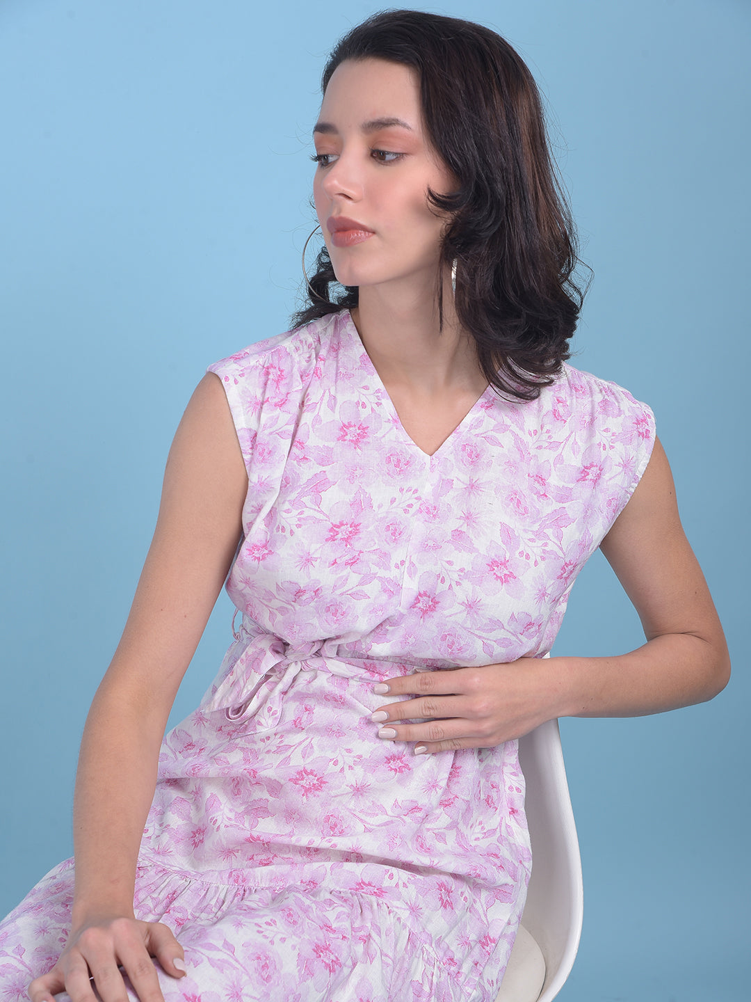 Pink Floral Print A-Line Dress-Women Dresses-Crimsoune Club