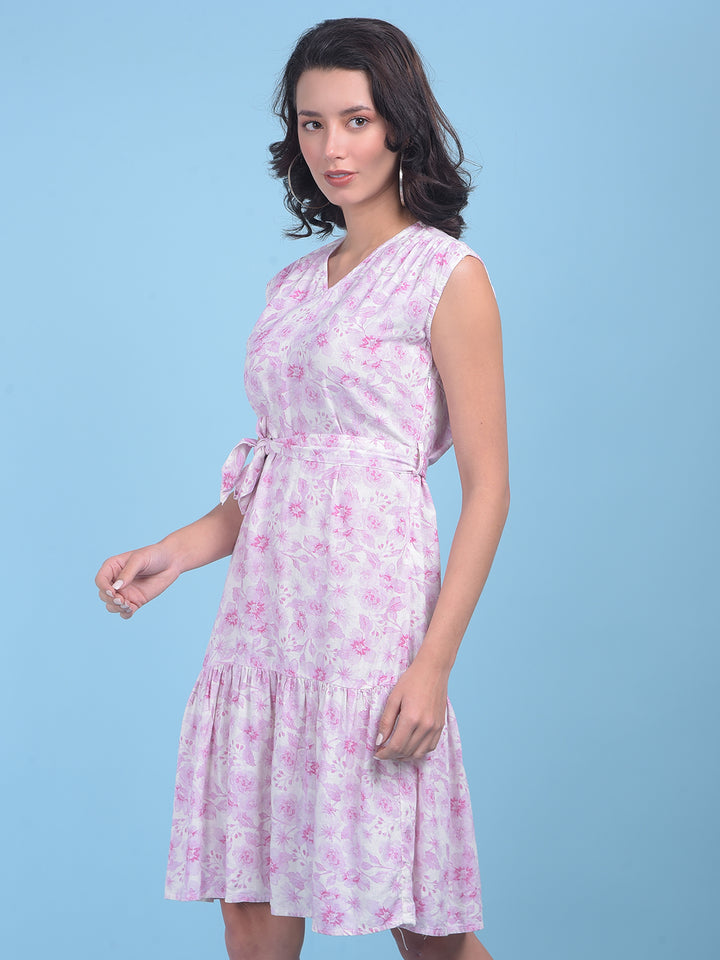 Pink Floral Print A-Line Dress-Women Dresses-Crimsoune Club