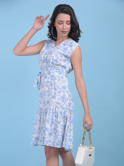 Blue Floral Print A-Line Dress-Women Dresses-Crimsoune Club