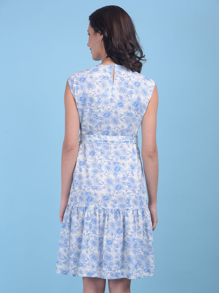 Blue Floral Print A-Line Dress-Women Dresses-Crimsoune Club