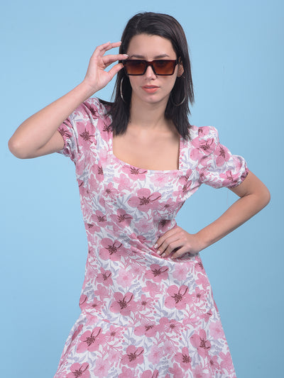 White Floral Print A-Line Dress-Women Dresses-Crimsoune Club