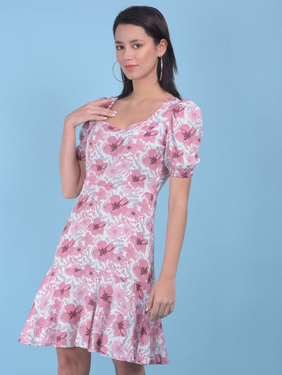 White Floral Print A-Line Dress-Women Dresses-Crimsoune Club