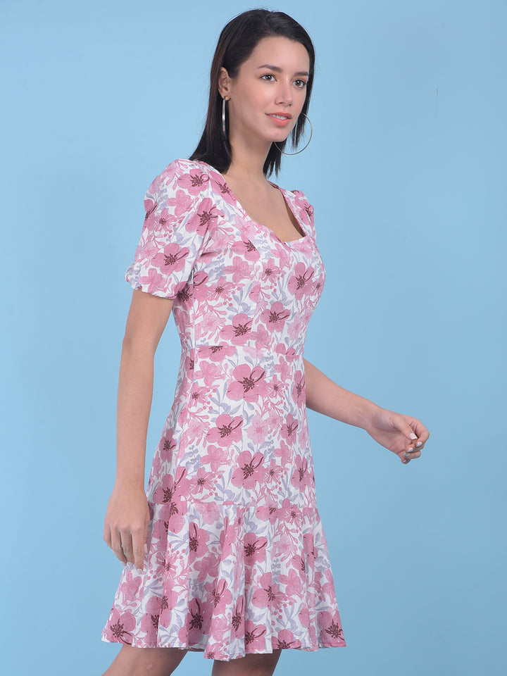 White Floral Print A-Line Dress-Women Dresses-Crimsoune Club