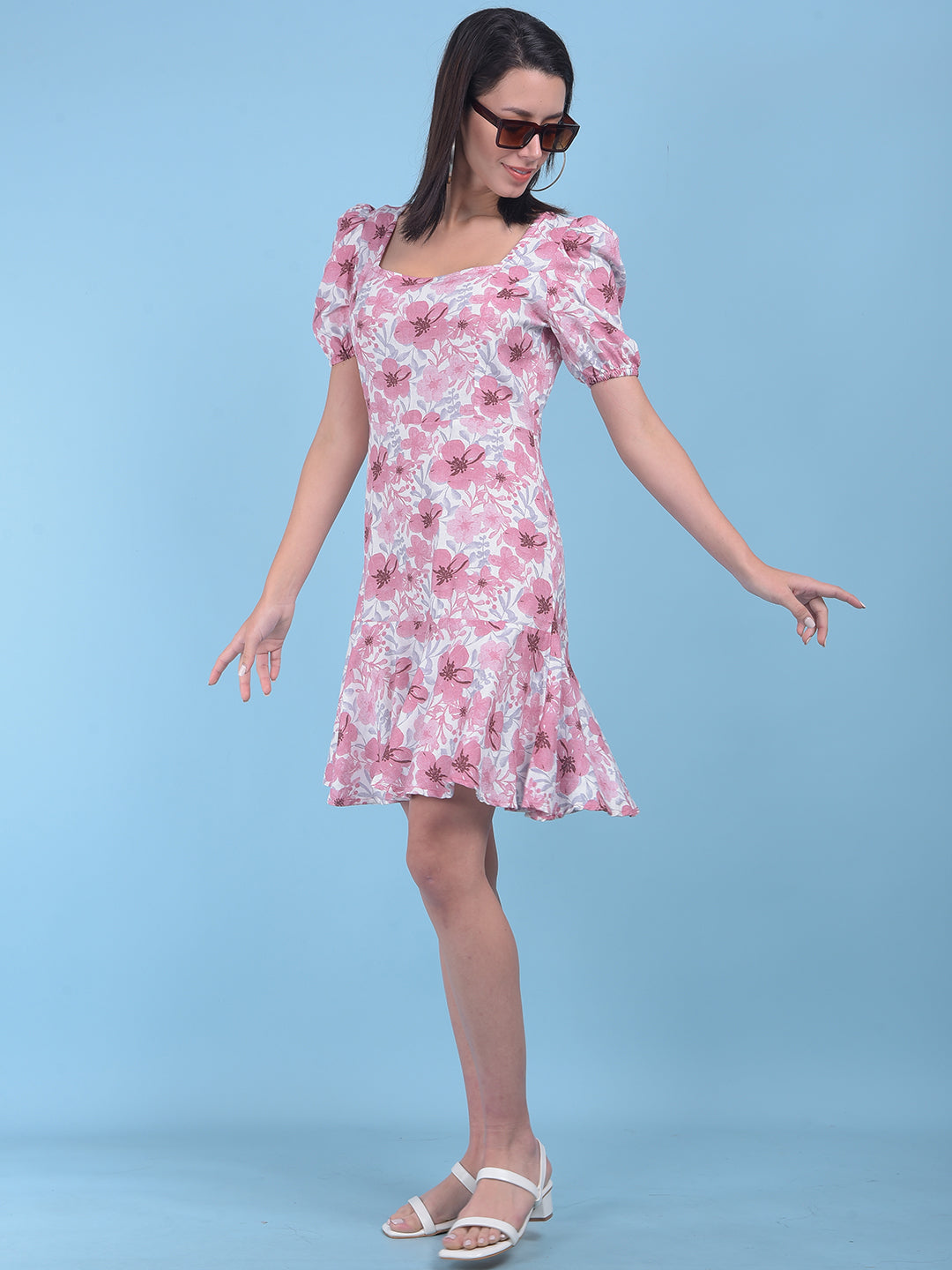 White Floral Print A-Line Dress-Women Dresses-Crimsoune Club