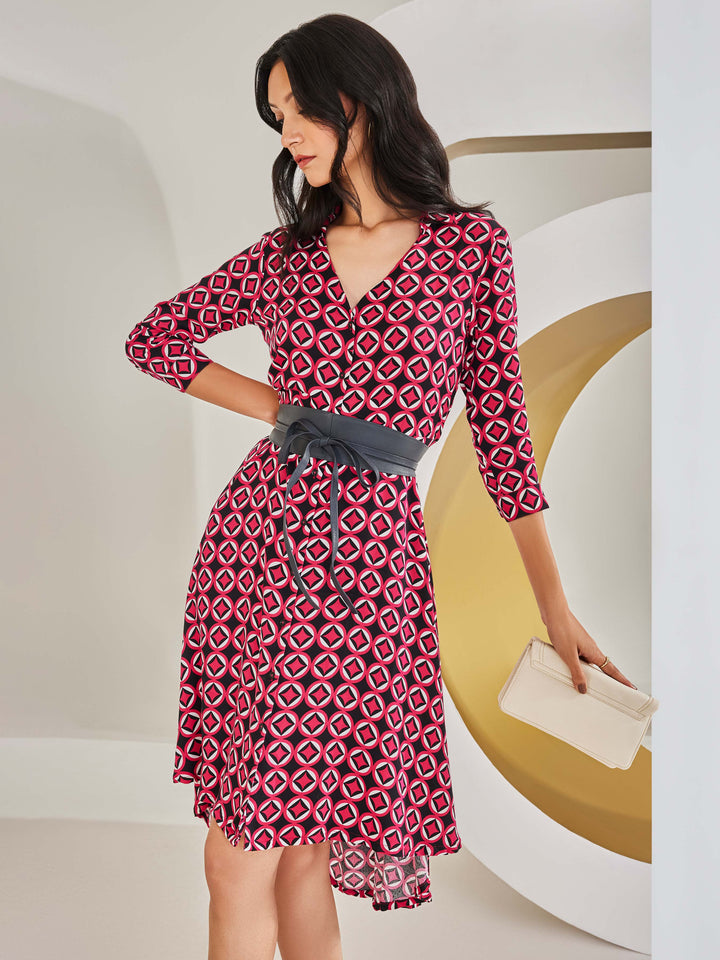 Printed Red A-Line Dress-Women Dresses-Crimsoune Club