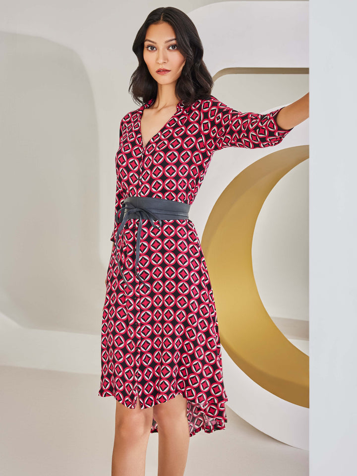 Printed Red A-Line Dress-Women Dresses-Crimsoune Club