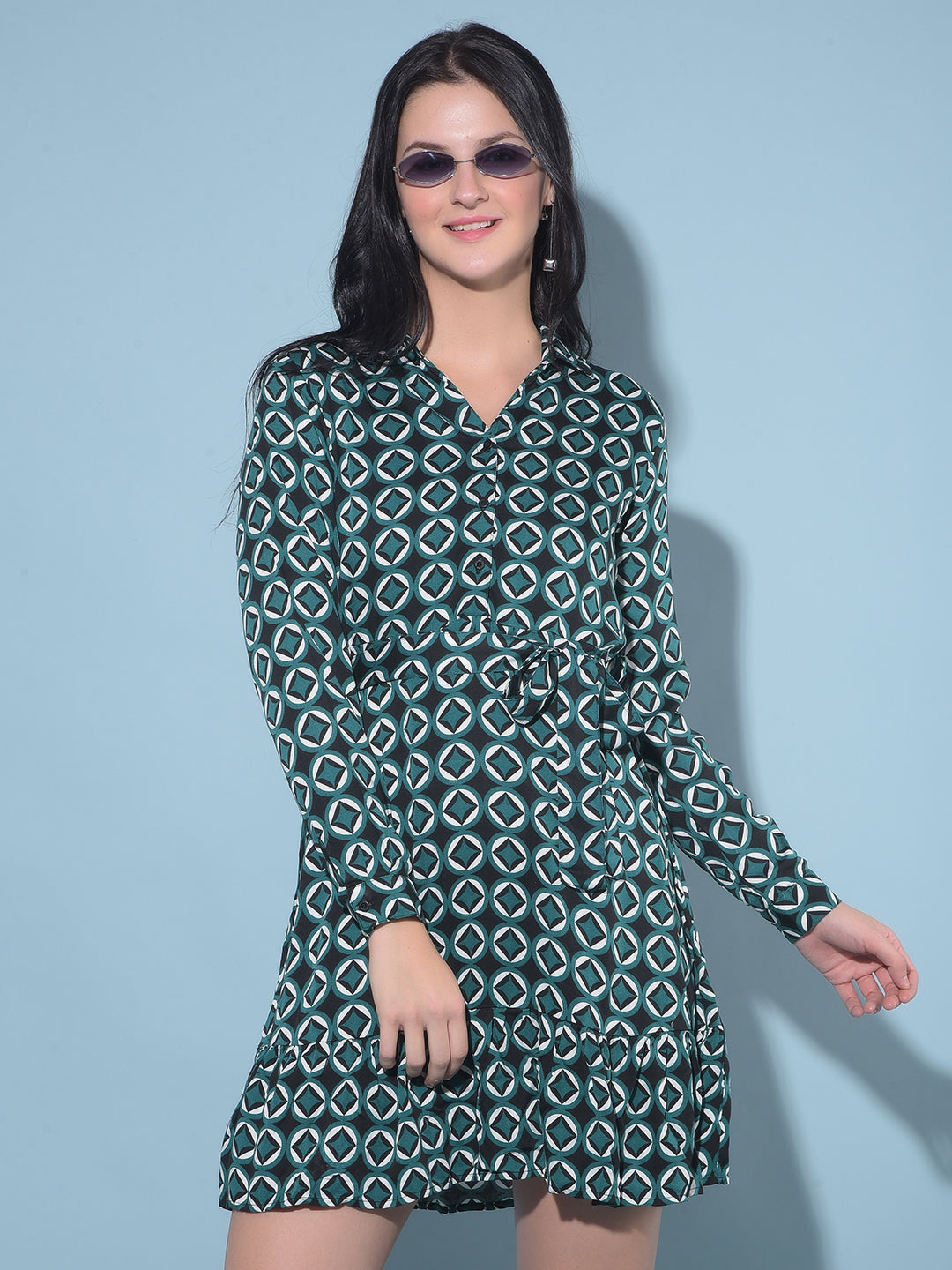 Green Printed A-Line Dress-Women Dresses-Crimsoune Club