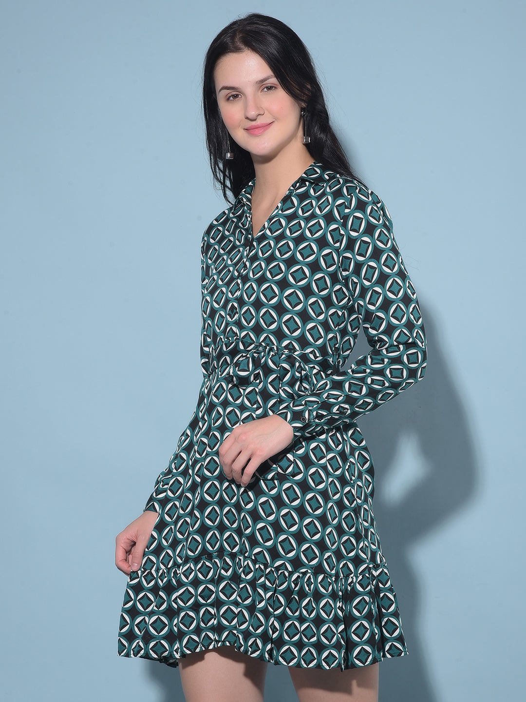 Green Printed A-Line Dress-Women Dresses-Crimsoune Club