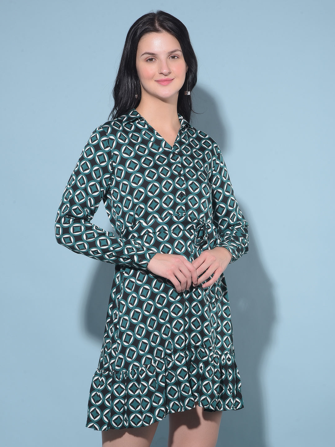 Green Printed A-Line Dress-Women Dresses-Crimsoune Club