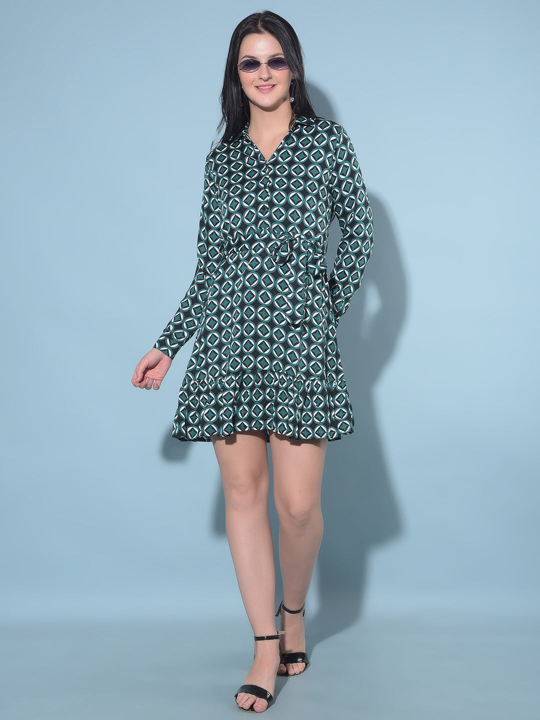 Green Printed A-Line Dress-Women Dresses-Crimsoune Club