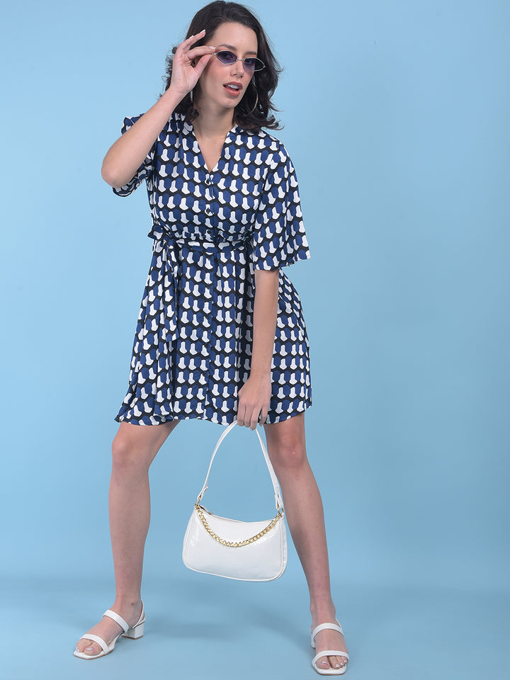 Printed Navy Blue A-Line Dress-Women Dresses-Crimsoune Club