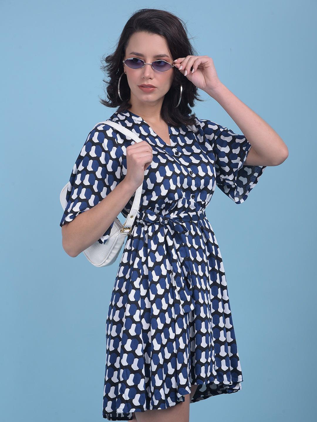 Printed Navy Blue A-Line Dress-Women Dresses-Crimsoune Club