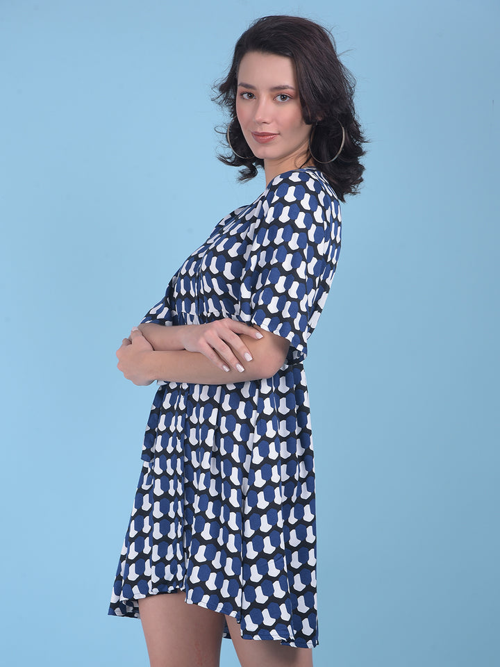 Printed Navy Blue A-Line Dress-Women Dresses-Crimsoune Club