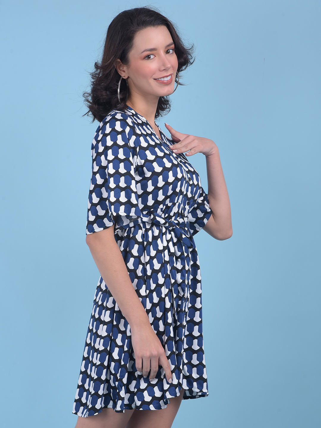 Printed Navy Blue A-Line Dress-Women Dresses-Crimsoune Club