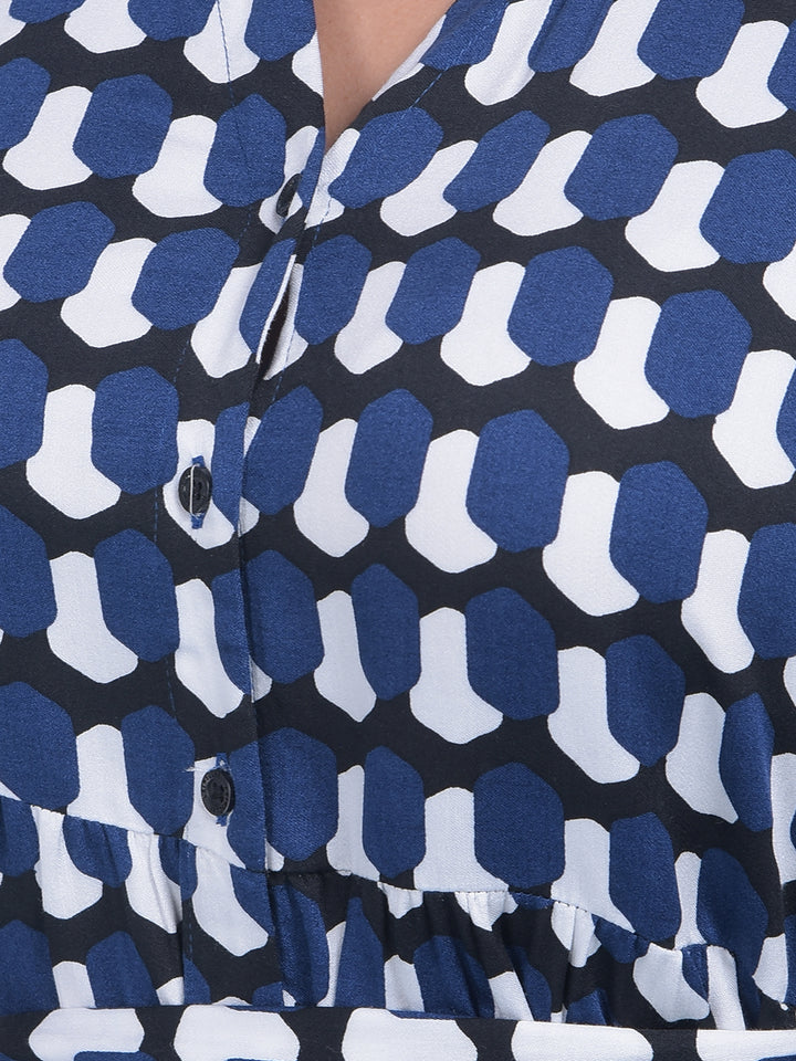 Printed Navy Blue A-Line Dress-Women Dresses-Crimsoune Club