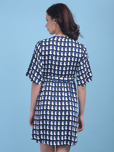 Printed Navy Blue A-Line Dress-Women Dresses-Crimsoune Club