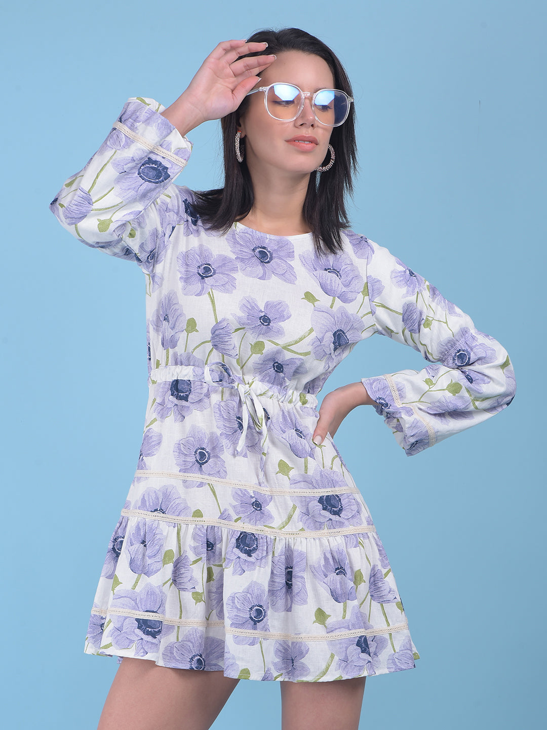 Purple Floral Print Mini Dress-Women Dresses-Crimsoune Club