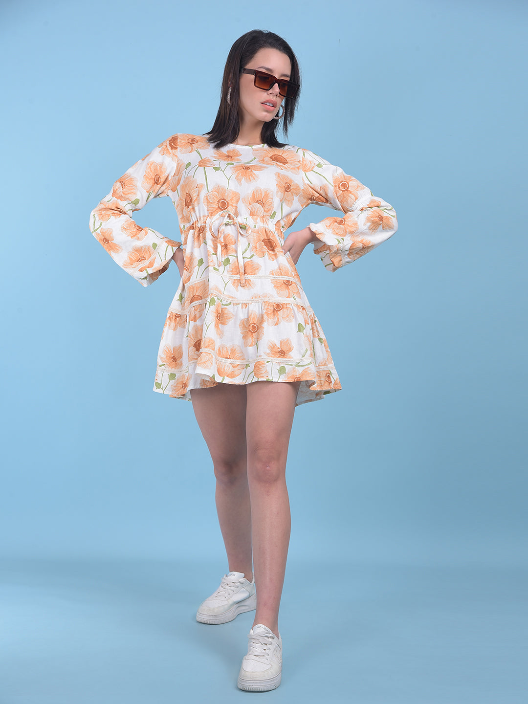 Peach Floral Print Mini Dress-Women Dresses-Crimsoune Club