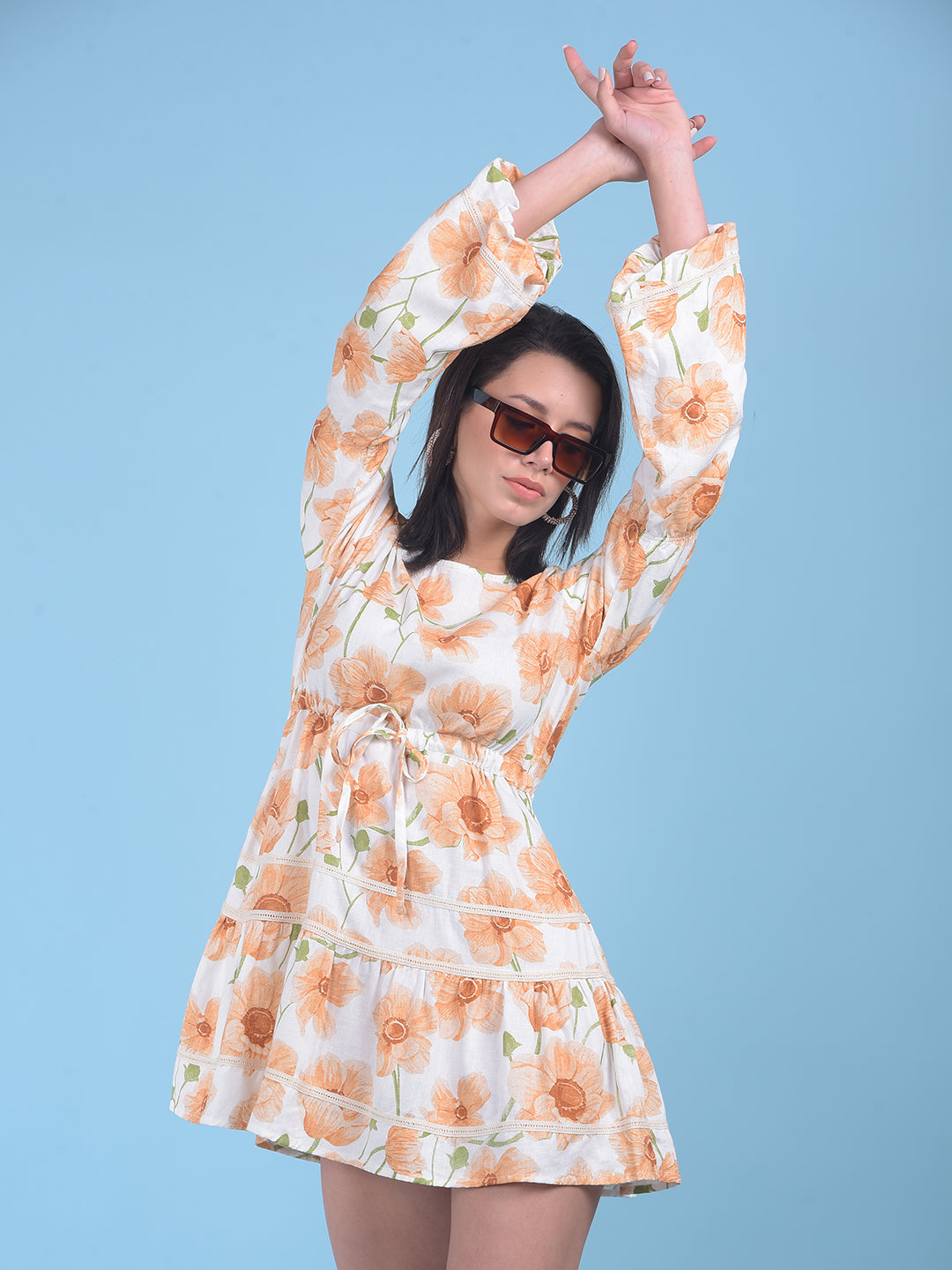 Peach Floral Print Mini Dress-Women Dresses-Crimsoune Club