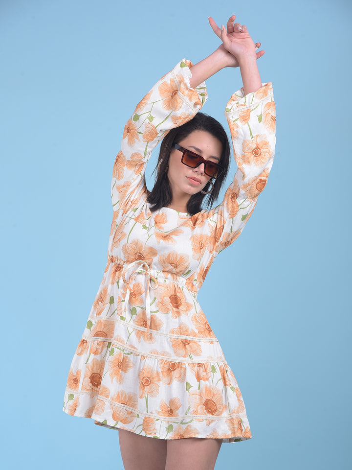 Peach Floral Print Mini Dress-Women Dresses-Crimsoune Club