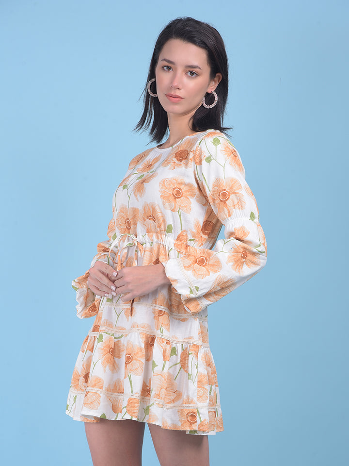 Peach Floral Print Mini Dress-Women Dresses-Crimsoune Club