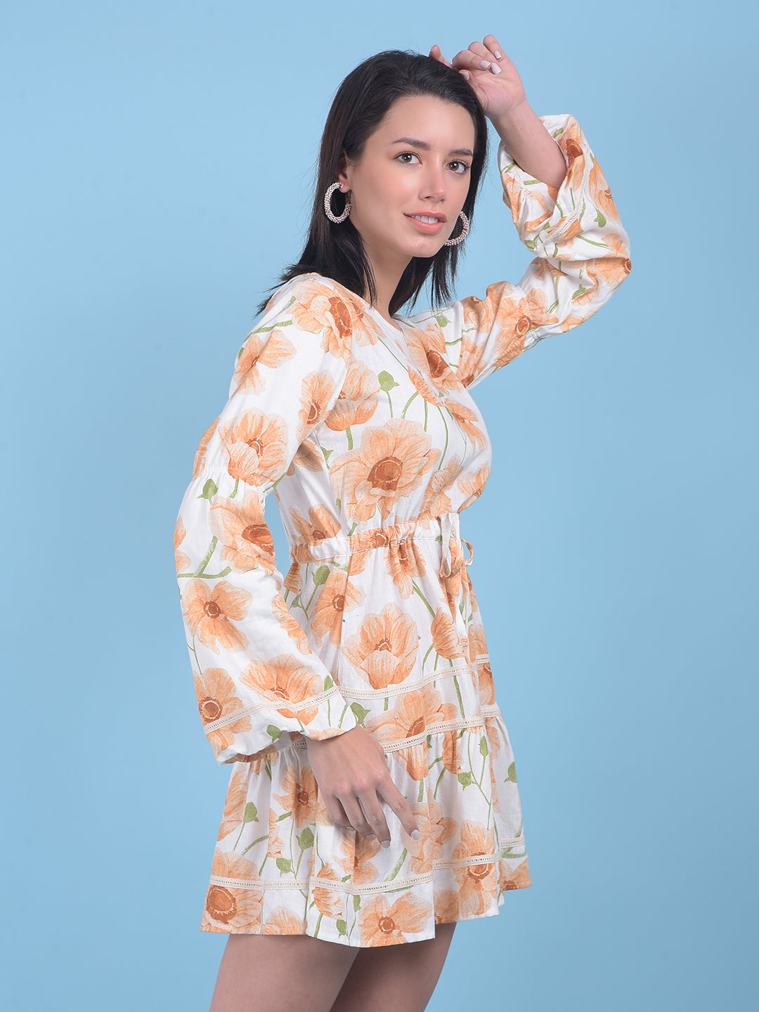 Peach Floral Print Mini Dress-Women Dresses-Crimsoune Club