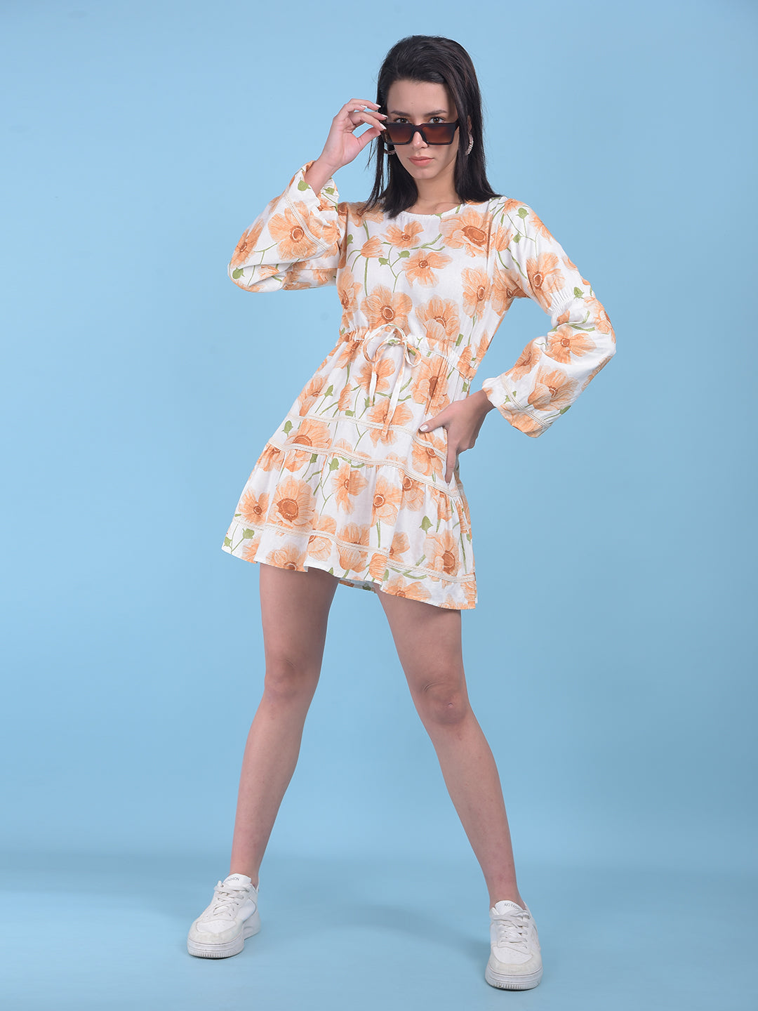 Peach Floral Print Mini Dress-Women Dresses-Crimsoune Club