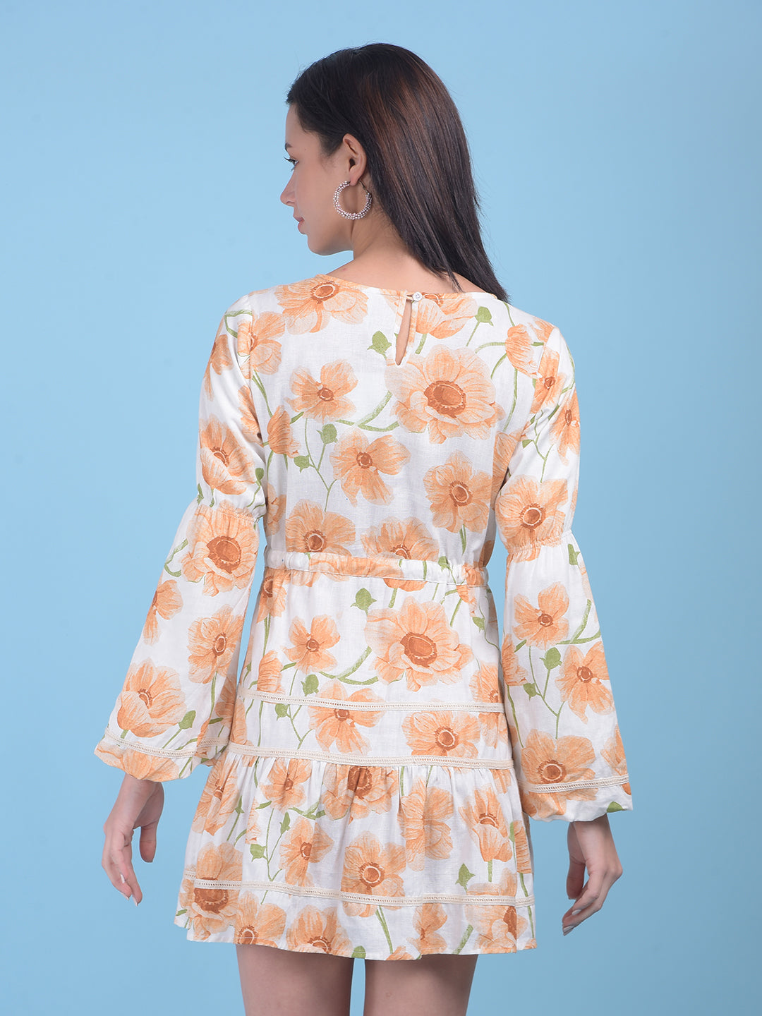 Peach Floral Print Mini Dress-Women Dresses-Crimsoune Club