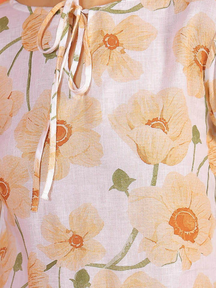 Peach Floral Print Mini Dress-Women Dresses-Crimsoune Club