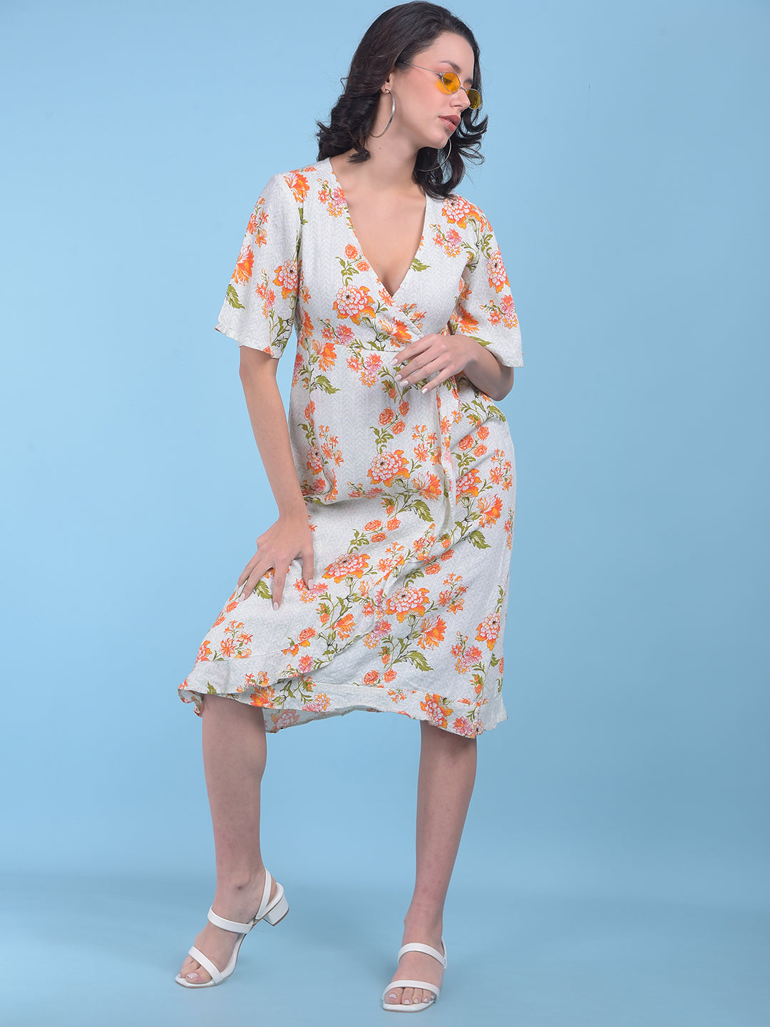 Orange Floral Print A-Line Dress-Women Dresses-Crimsoune Club