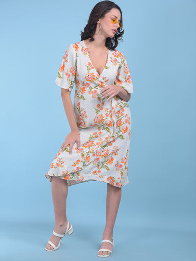 Orange Floral Print A-Line Dress-Women Dresses-Crimsoune Club