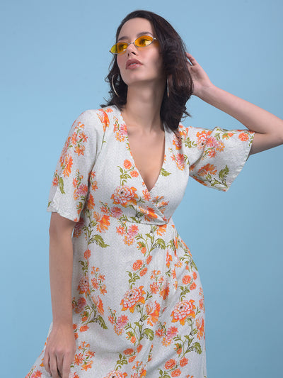 Orange Floral Print A-Line Dress-Women Dresses-Crimsoune Club