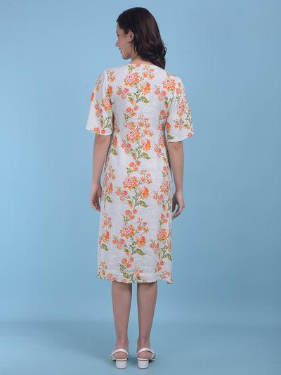 Orange Floral Print A-Line Dress-Women Dresses-Crimsoune Club